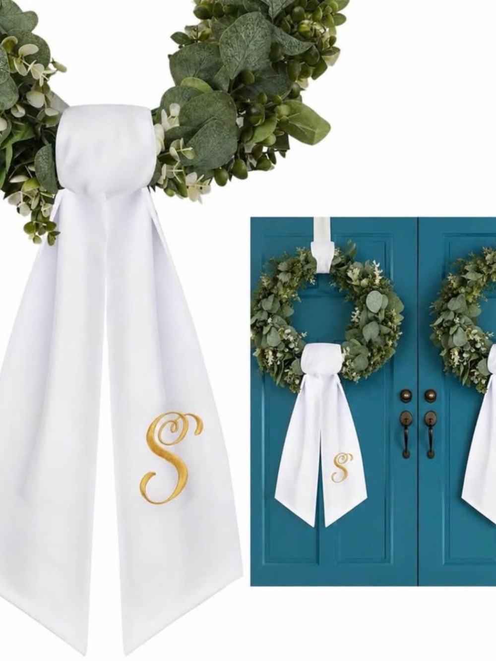 White Monogram Wreath Sash -Bow Gold Letter S Monogram New